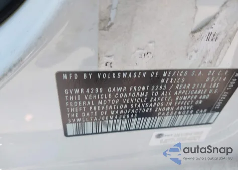 2014 Volkswagen Jetta 2.0L Tdi z USA, uszkodzony, nr VIN 3VWLL7AJ8EM438545